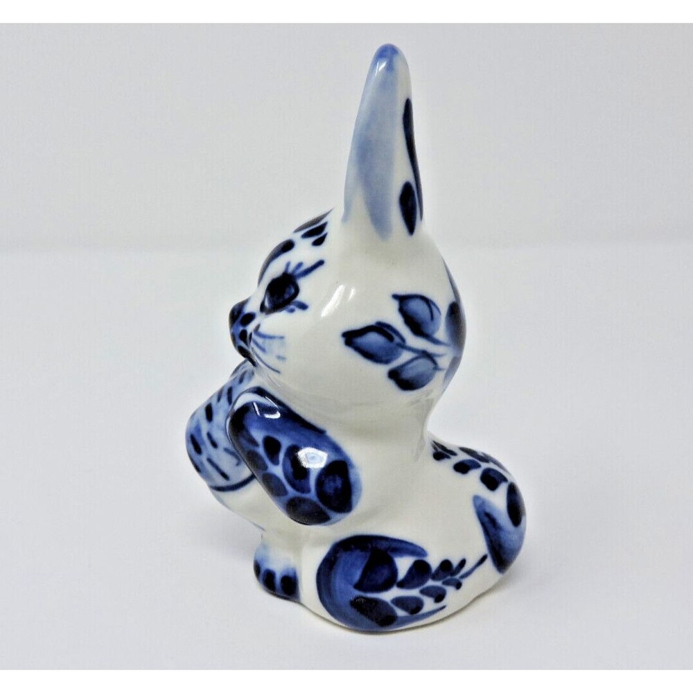 Rabbit Bunny Carrot Gzhel Porcelain Figurine Handmade Russia Cobalt White 4.5in - Picture 10 of 15